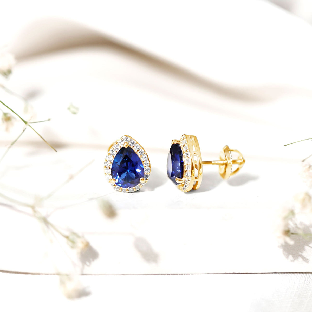 Lab Grown Blue Sapphire Teardrop Stud Earrings With Diamond Halo