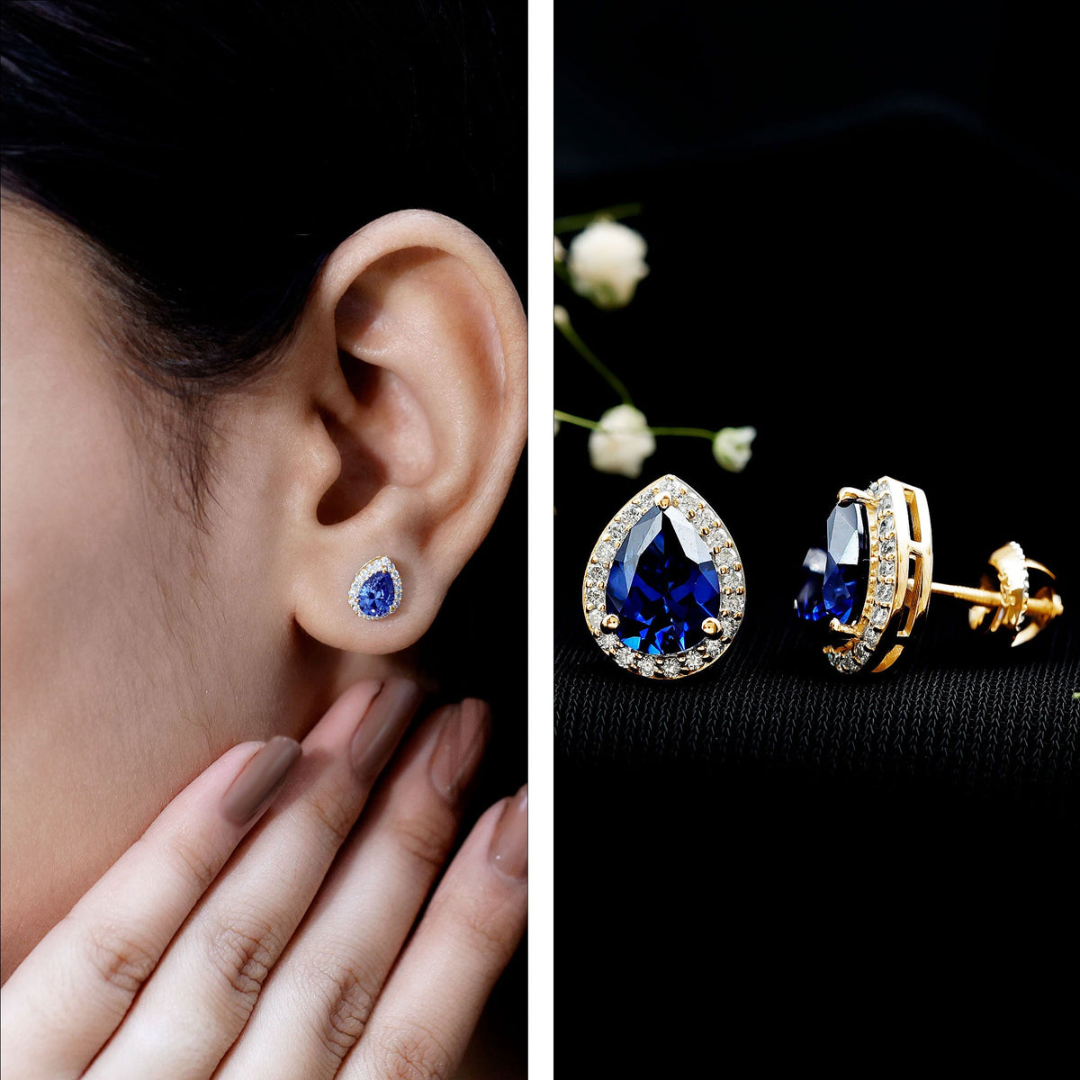 Lab Grown Blue Sapphire Teardrop Stud Earrings With Diamond Halo