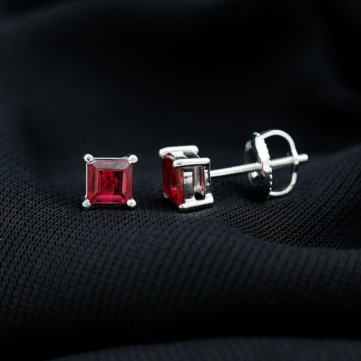 3 Carat Princess Cut Lab Created Ruby Solitaire Stud Earrings