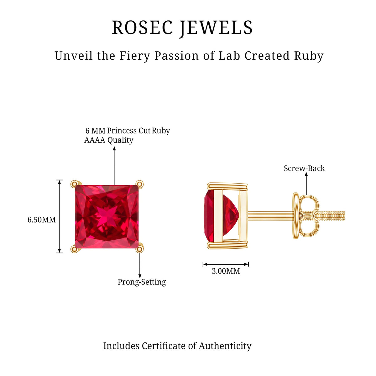 3 Carat Princess Cut Lab Created Ruby Solitaire Stud Earrings