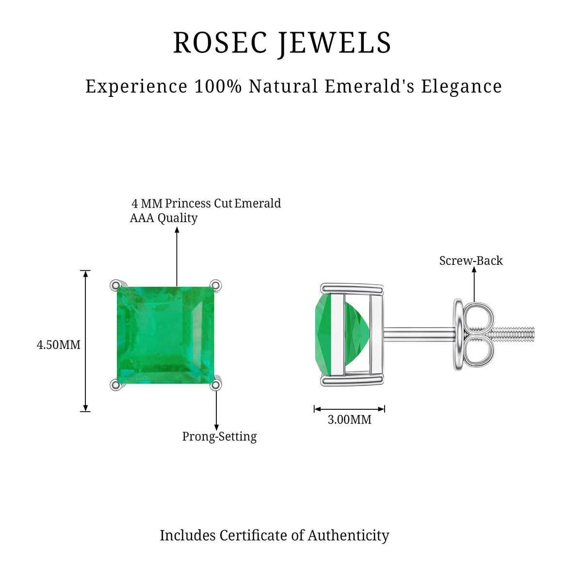 Princess Cut Natural Emerald Solitaire Stud Earrings