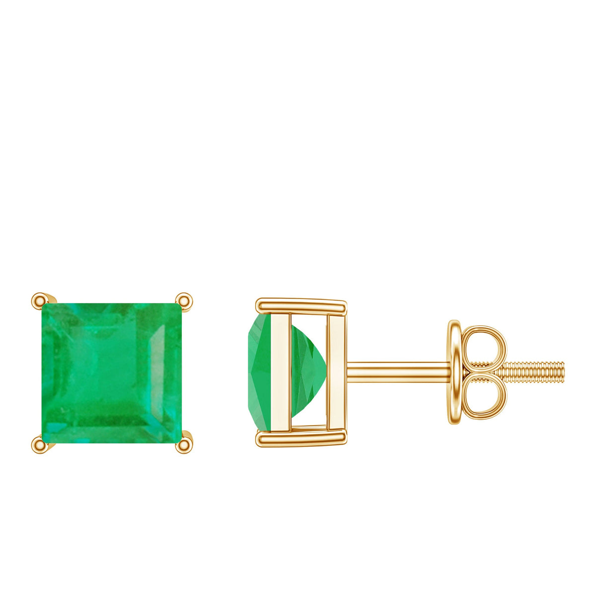 Princess Cut Natural Emerald Solitaire Stud Earrings