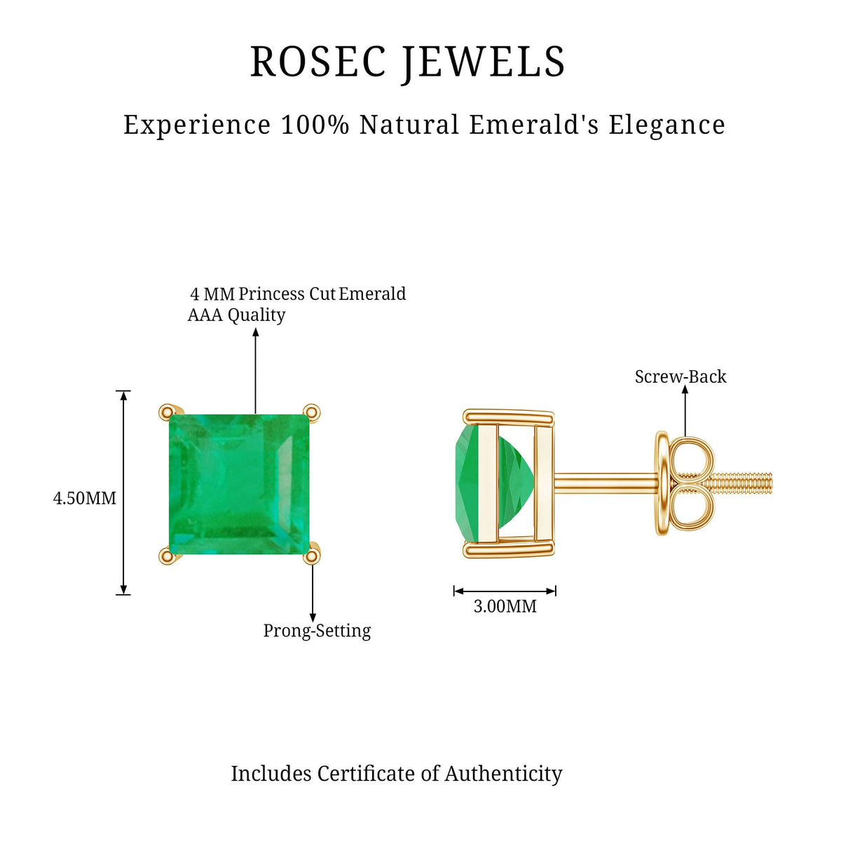 Princess Cut Natural Emerald Solitaire Stud Earrings