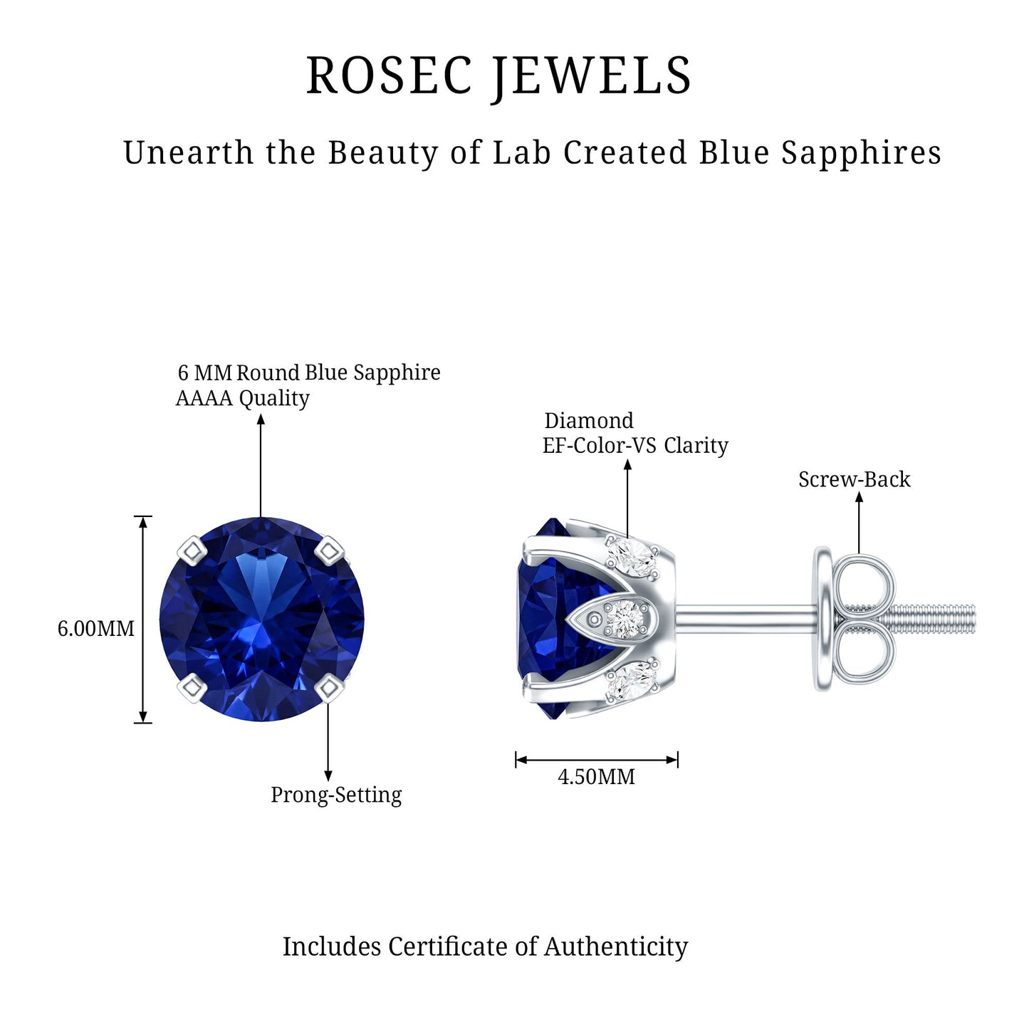 Lab Grown Blue Sapphire Vintage Stud Earrings with Certificate