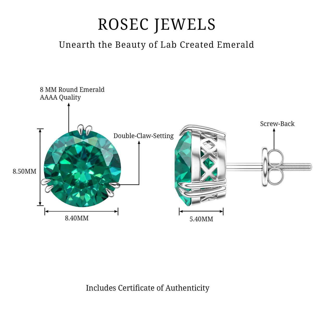 4.3 Carat Lab Created Emerald Solitaire Stud Earrings in Double Claw Setting