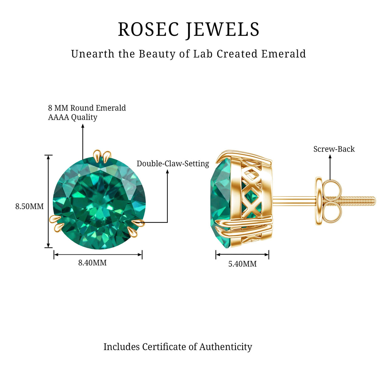 4.3 Carat Lab Created Emerald Solitaire Stud Earrings in Double Claw Setting