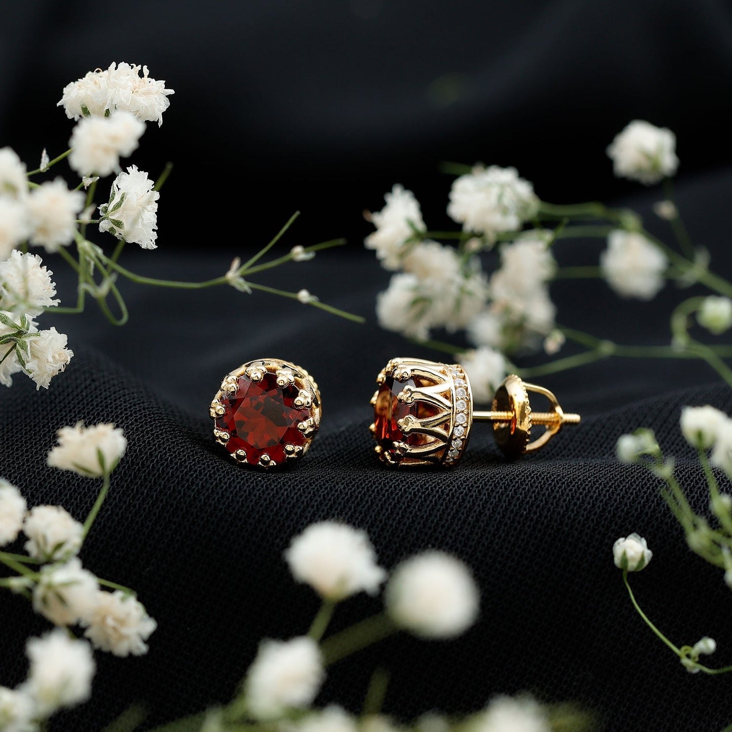 Natural 3.4 Carat Garnet Crown Earrings in Yellow Gold Plated Silver