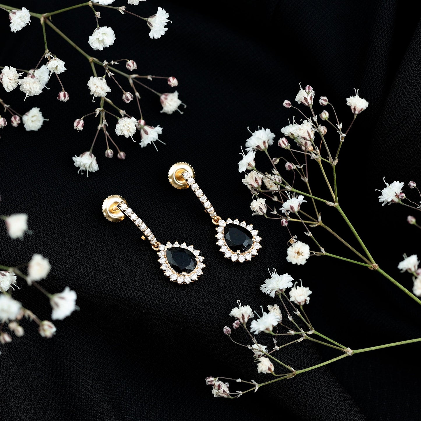 Black Onyx and Moissanite Bridal Teardrop Earrings