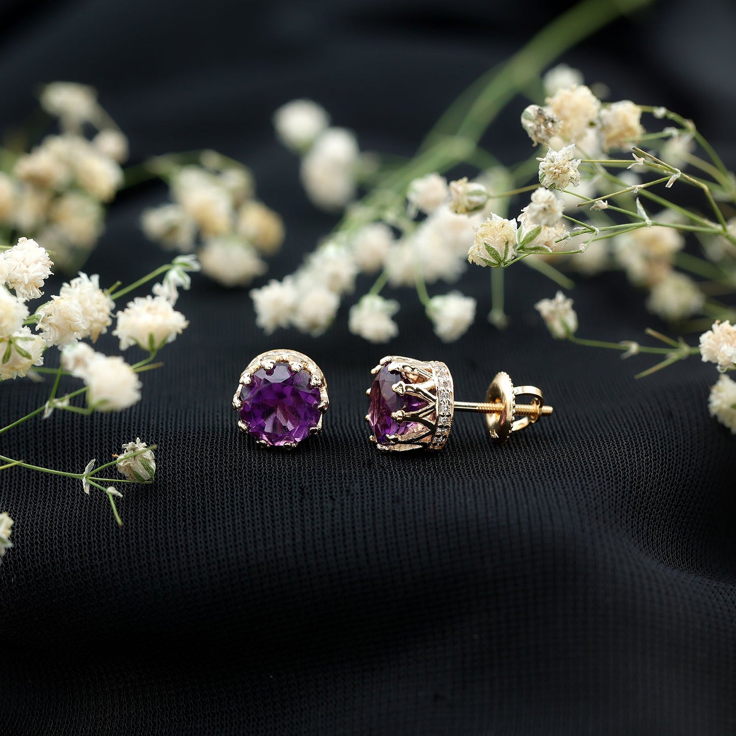 Natural Amethyst and Diamond Bridal Stud Earrings