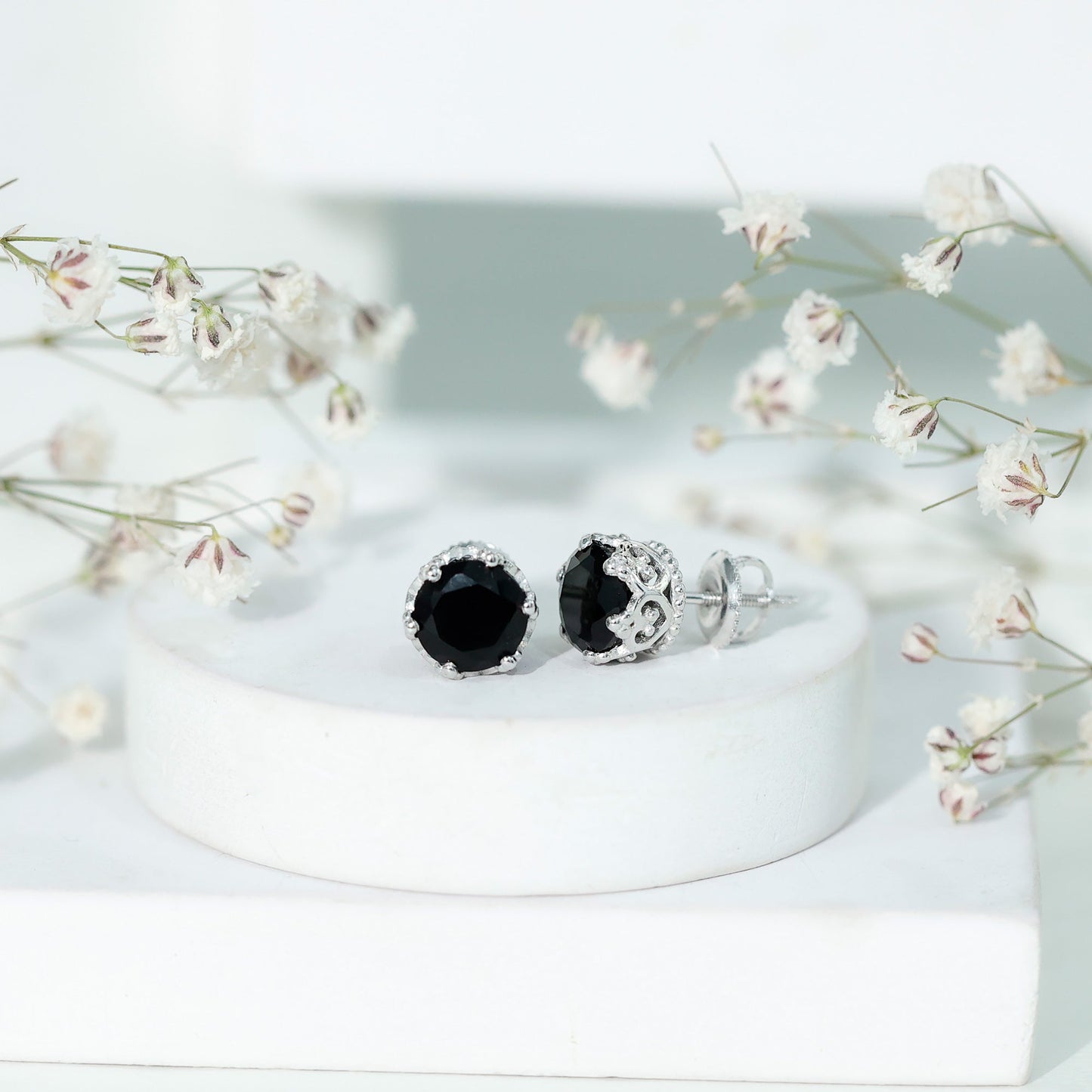 Genuine Black Onyx Crown Stud Earrings with Screw Back