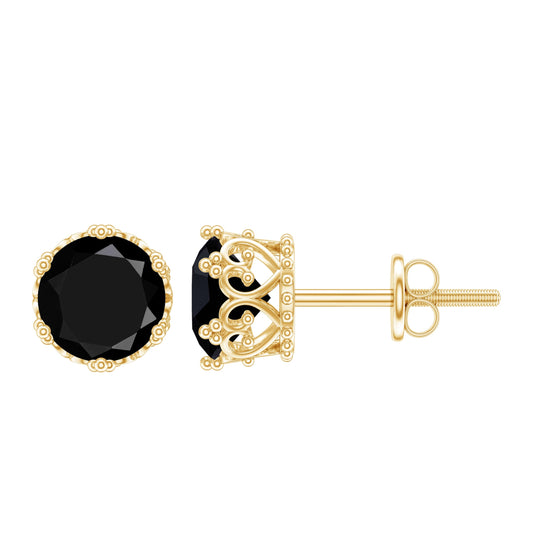 Genuine Black Onyx Crown Stud Earrings with Screw Back
