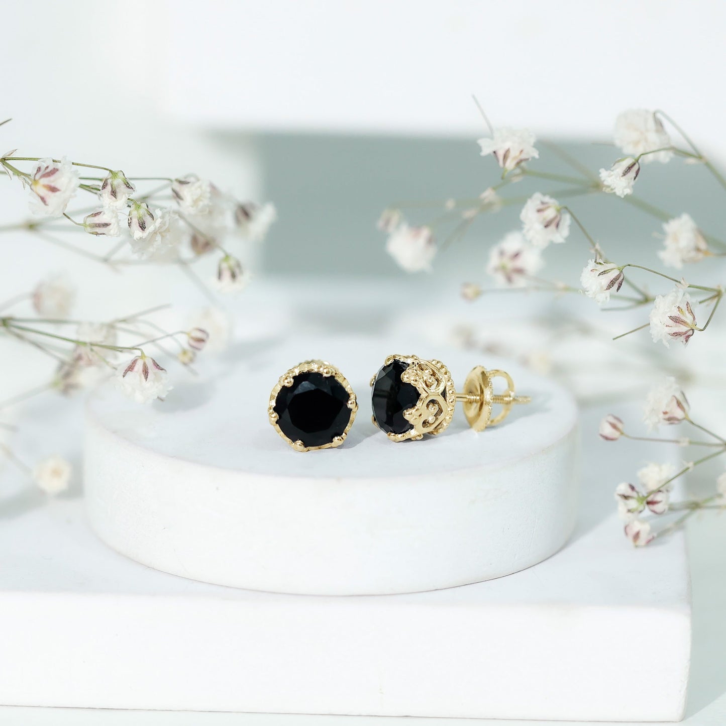 Genuine Black Onyx Crown Stud Earrings with Screw Back