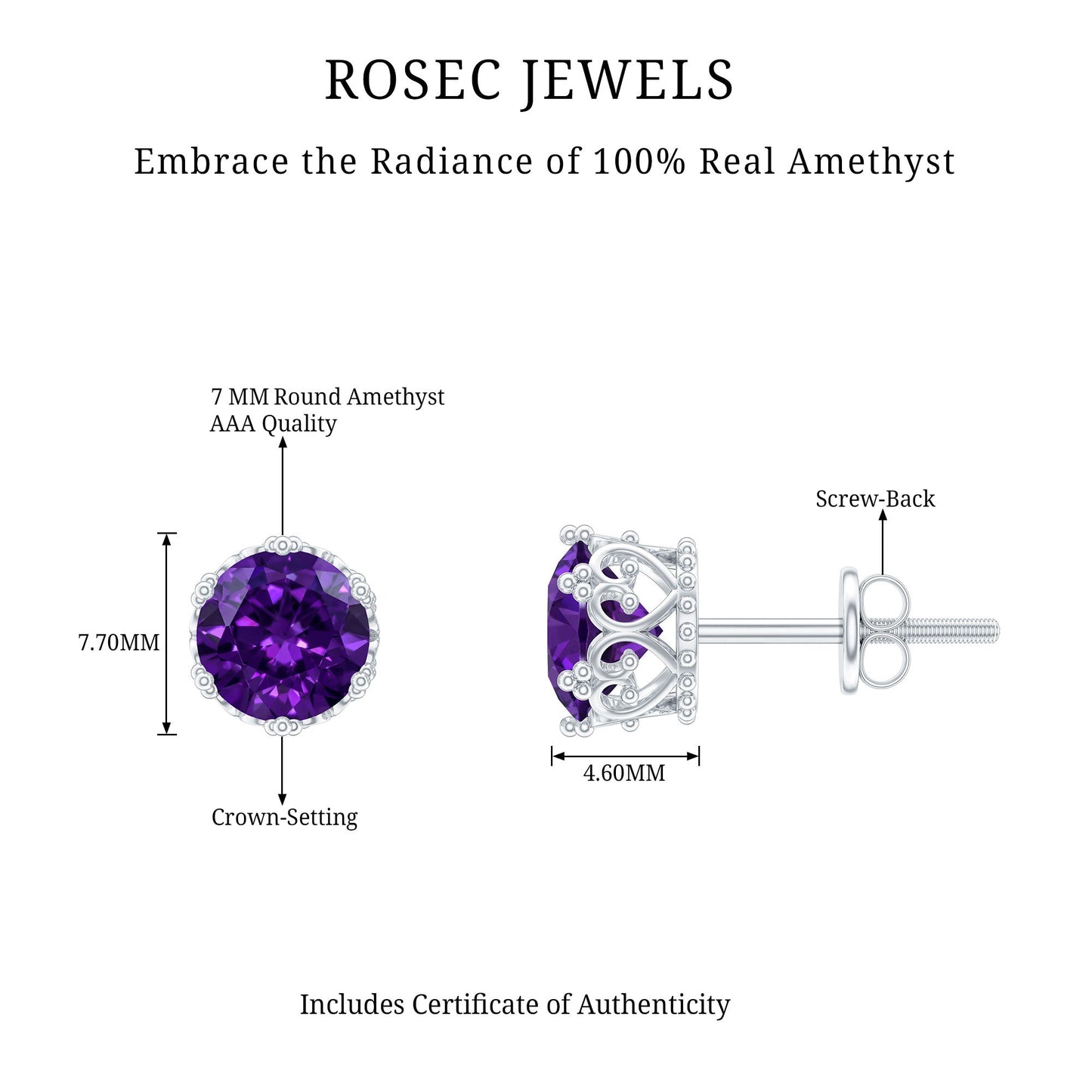 Genuine Amethyst Stud Earrings with Certificate