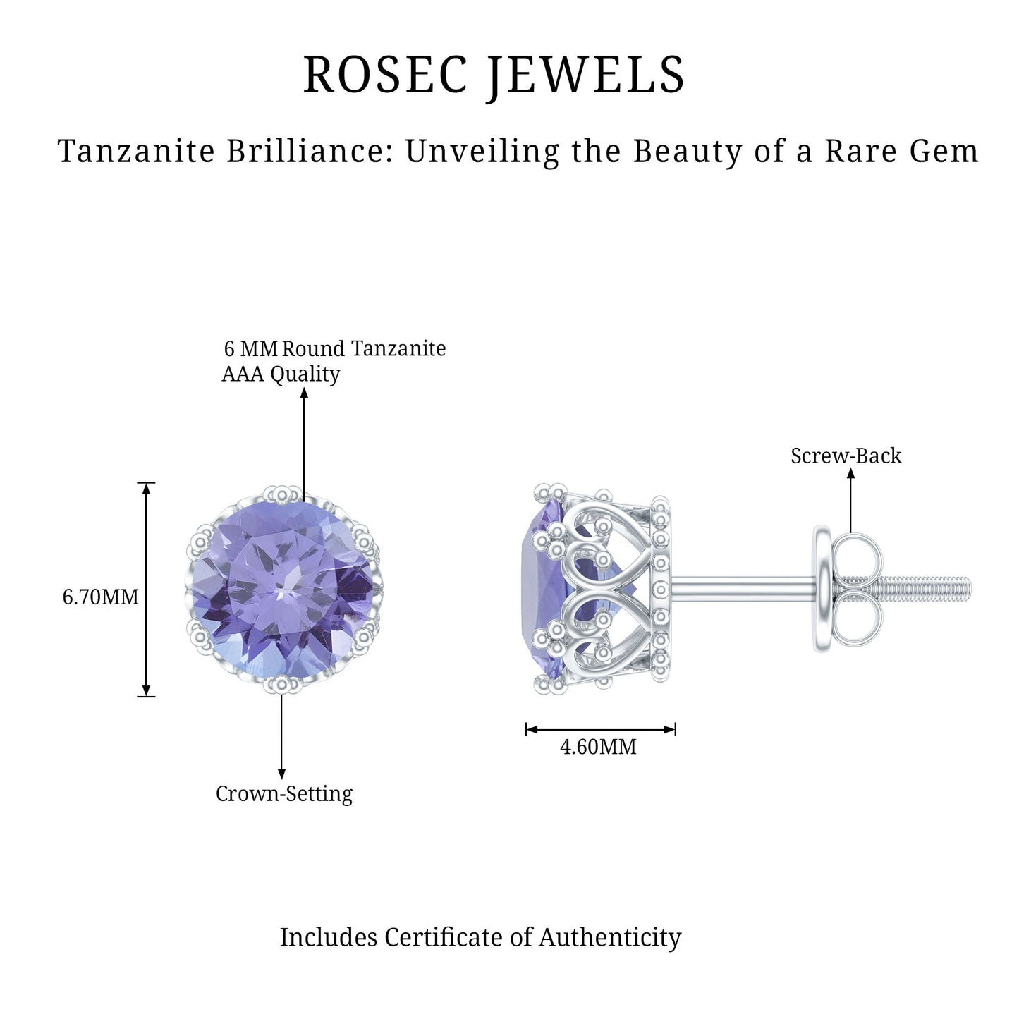 Natural 1.8 Carat Tanzanite Crown Stud Earrings with Screw Back