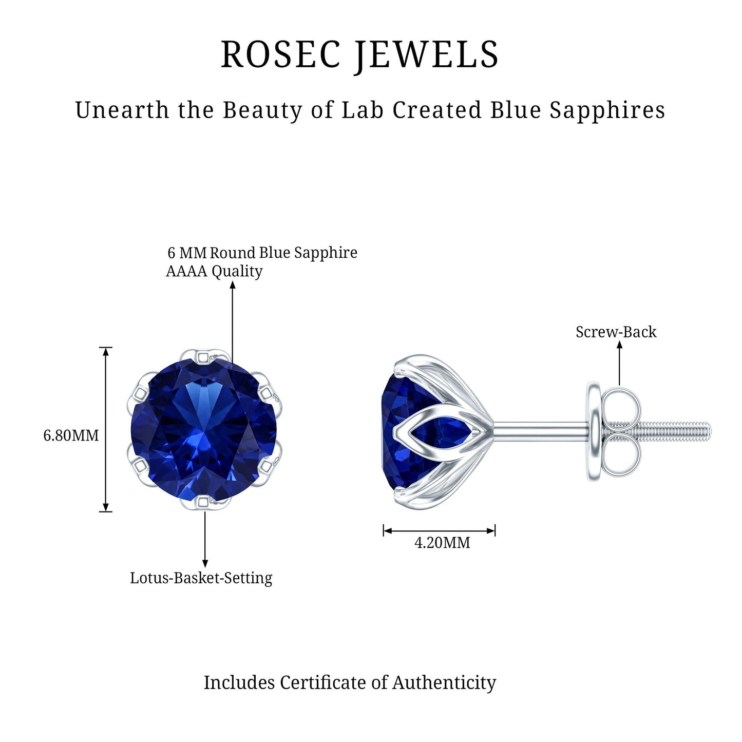 2 Carat Round Cut Lab Created Blue Sapphire Solitaire Stud Earrings