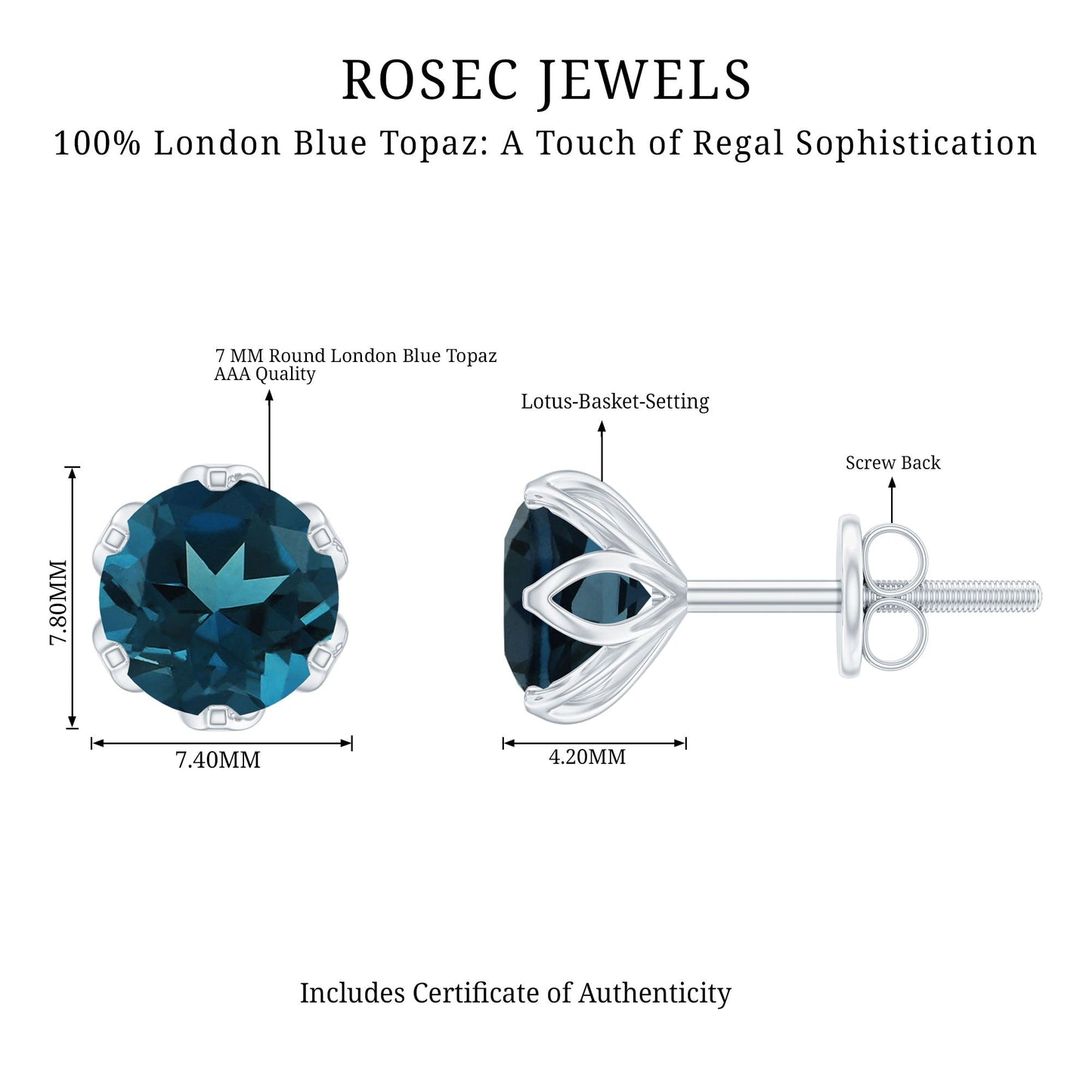 Natural 2.7 Carat London Blue Topaz Stud Earrings