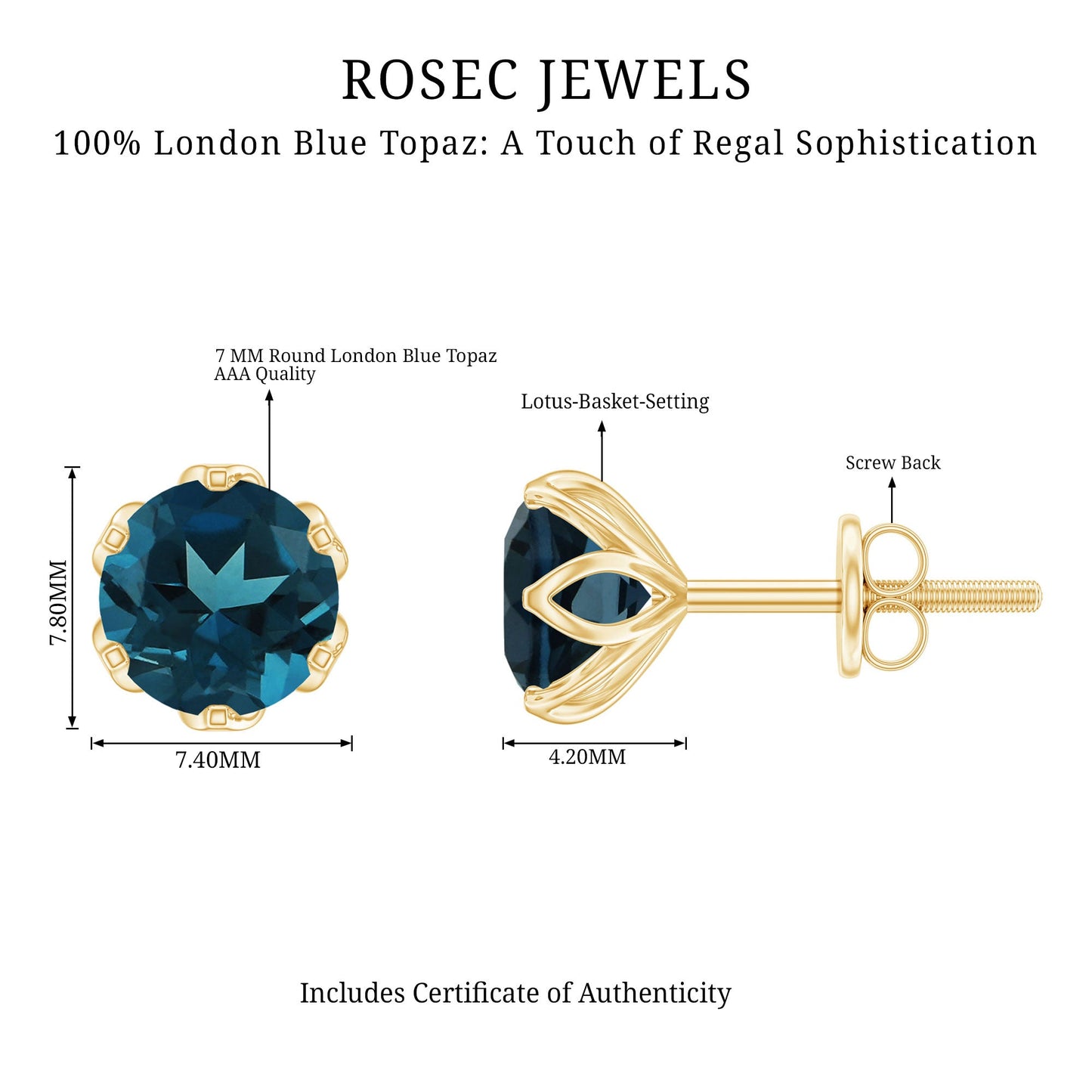 Natural 2.7 Carat London Blue Topaz Stud Earrings