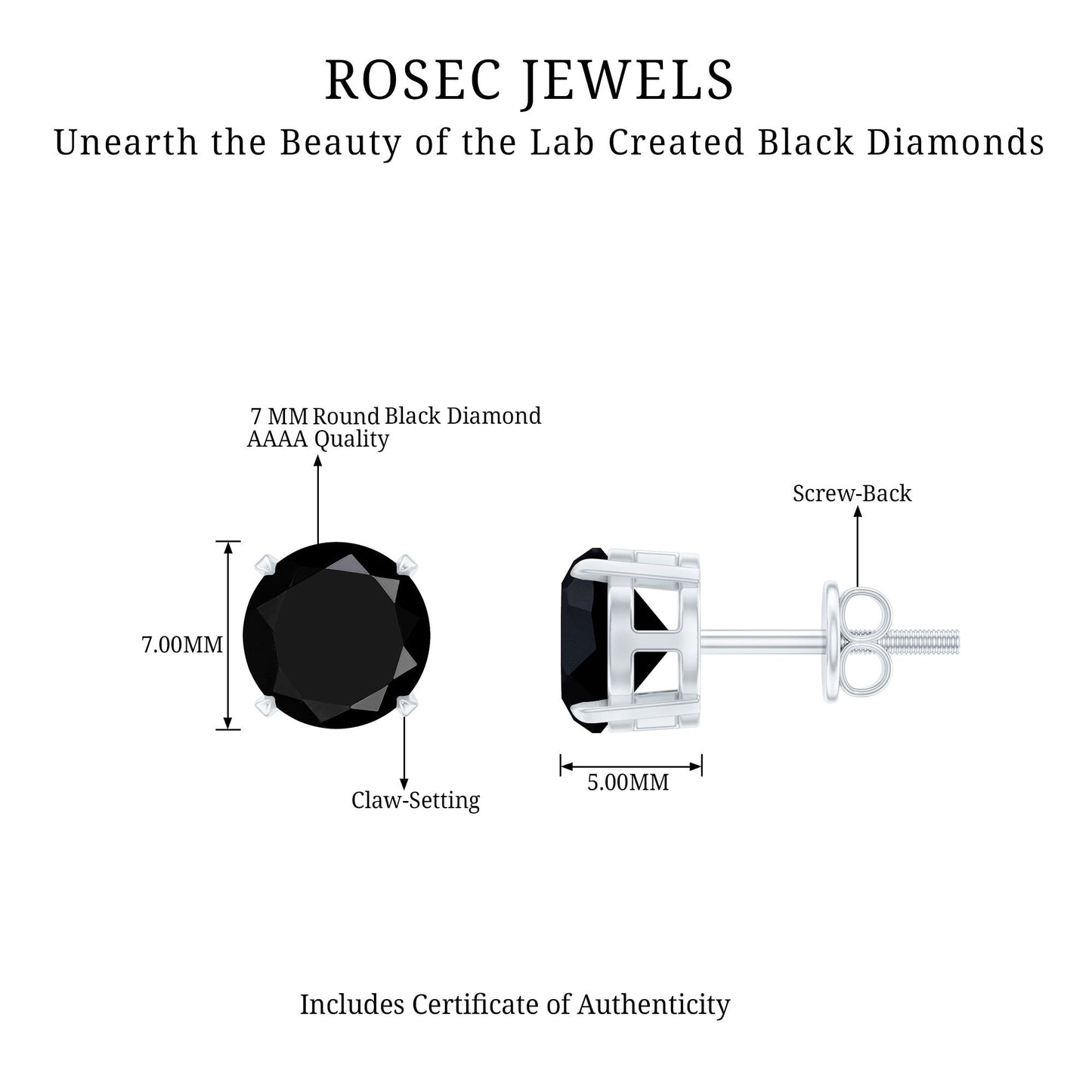 Round shape Lab Grown Black Diamond Solitaire Stud Earrings