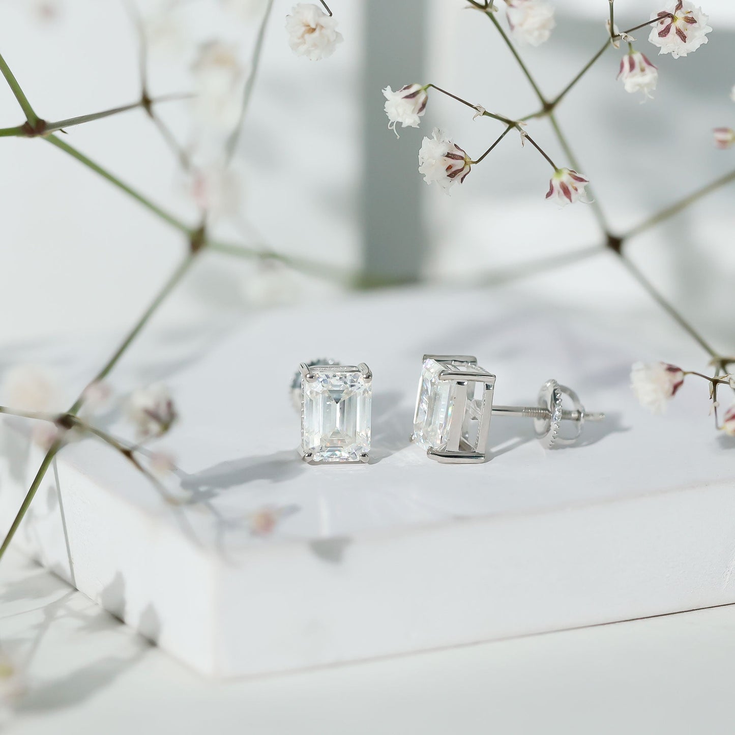 Certified 3.7 Carat Moissanite Emerald Cut Stud Earrings