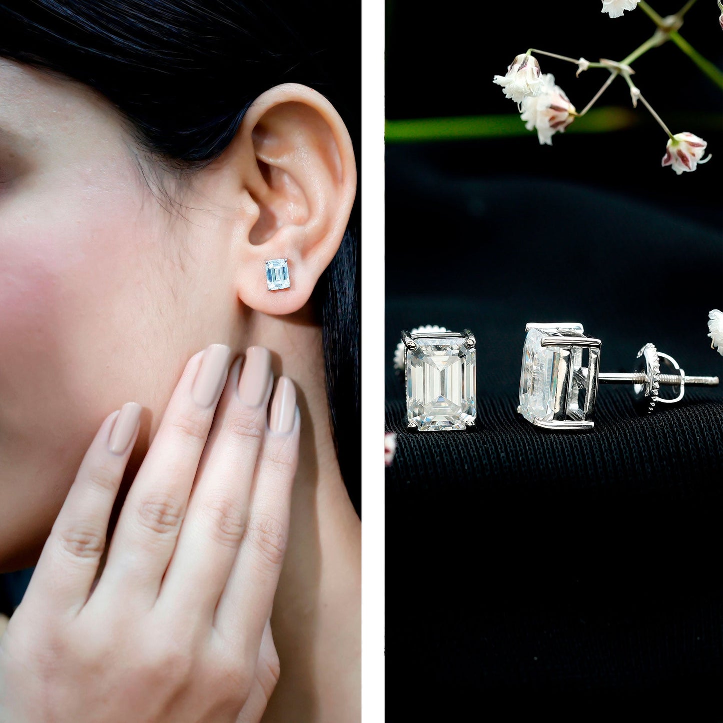 Certified 3.7 Carat Moissanite Emerald Cut Stud Earrings