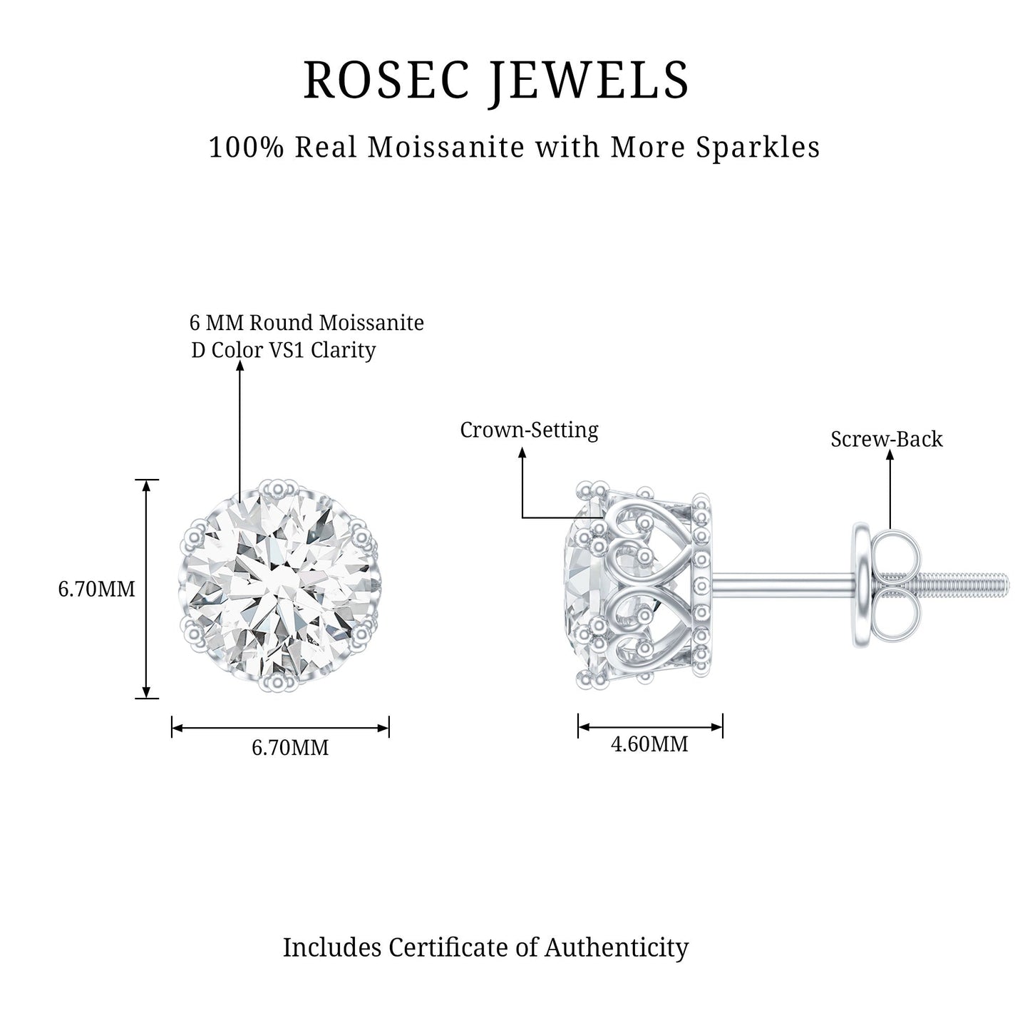 1.97 Carat Round Shape Moissanite Stud Earrings in Crown Setting
