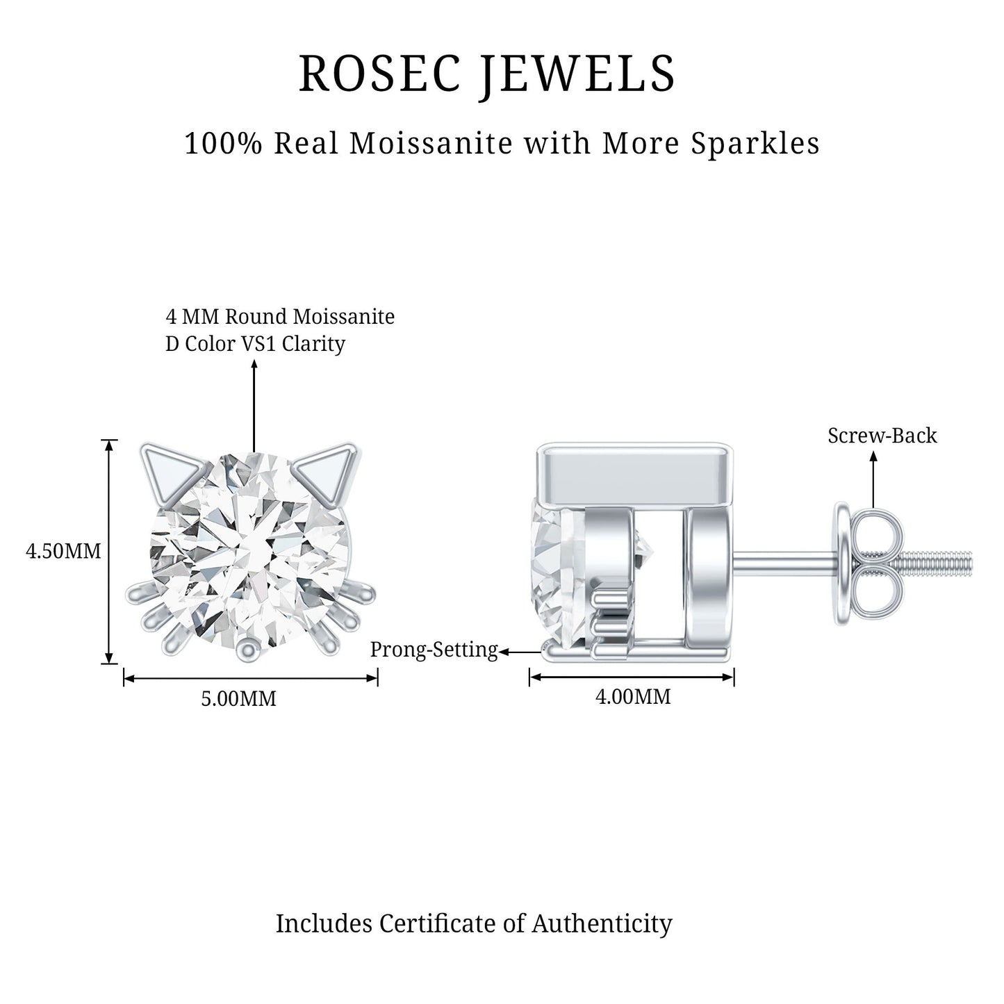 Dainty Round Shape Moissanite Cat Stud Earrings
