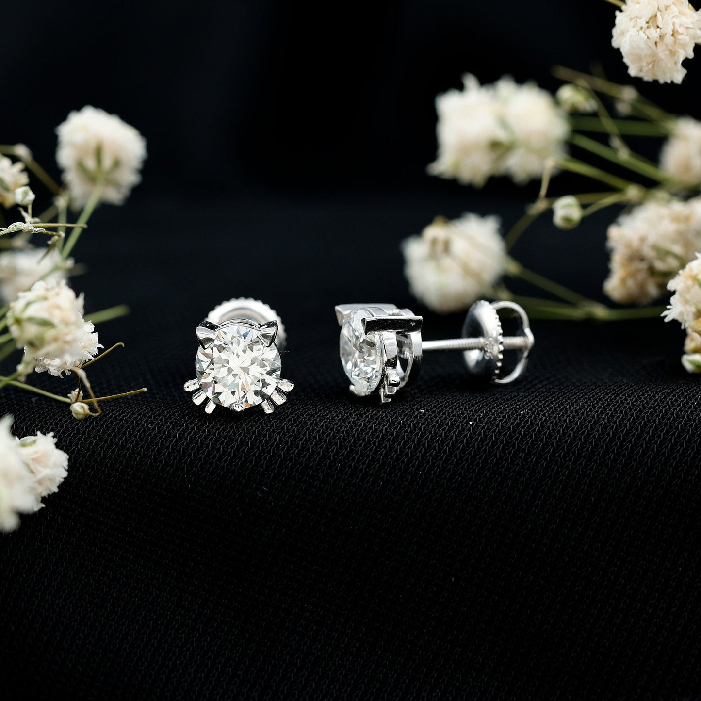 Dainty Round Shape Moissanite Cat Stud Earrings