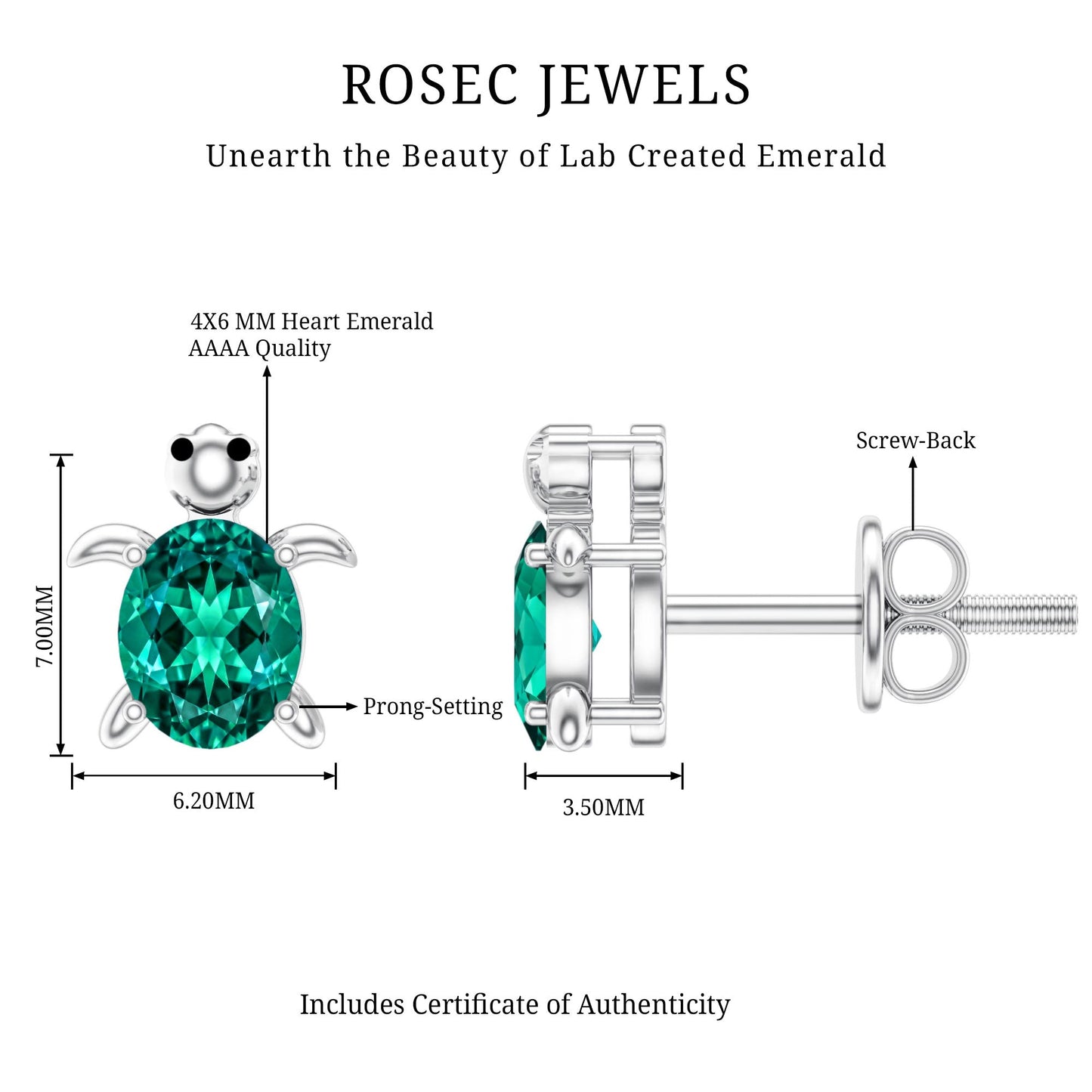 1 Carat Oval Shape Lab Created Emerald Cute Turtle Stud Earrings