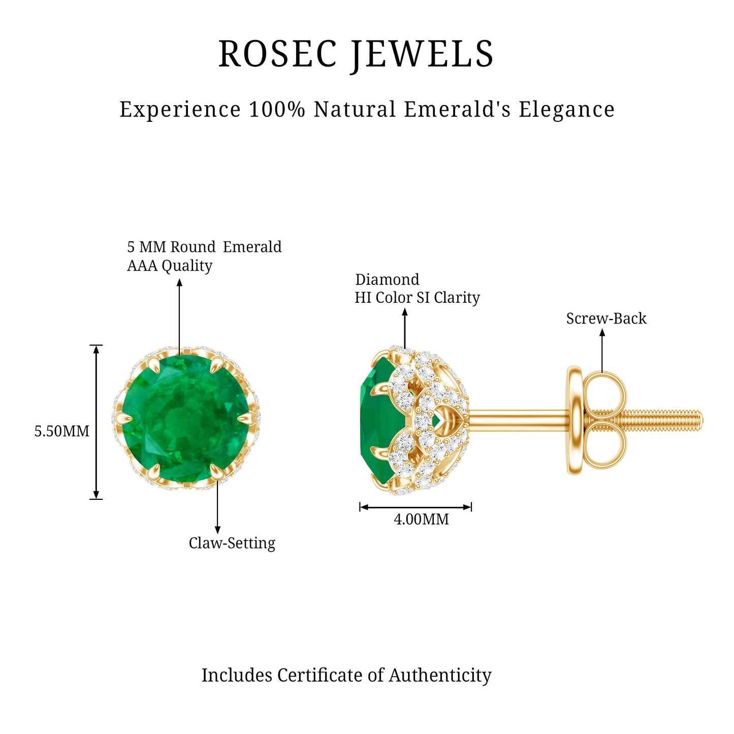Designer Emerald Diamond Stud Earrings with Screw Back