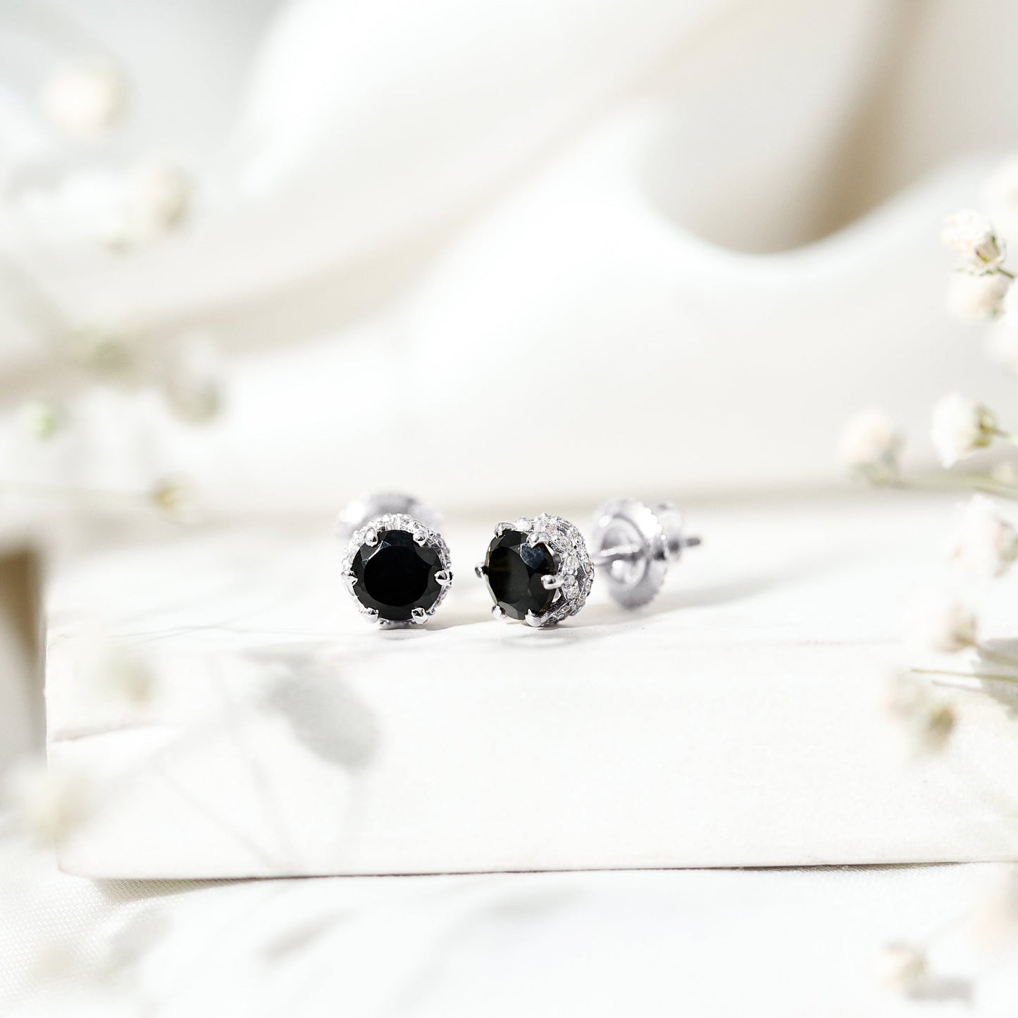 0.9 Carat Black Spinel Stud Earrings with Diamond Accent