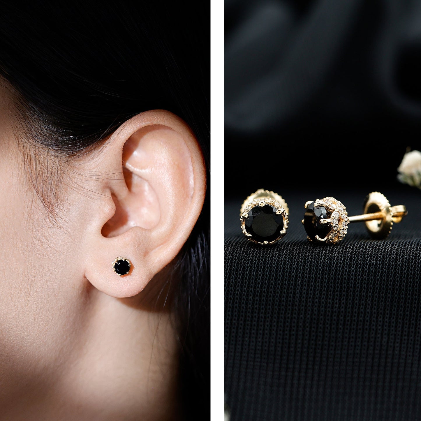 0.9 Carat Black Spinel Stud Earrings with Diamond Accent
