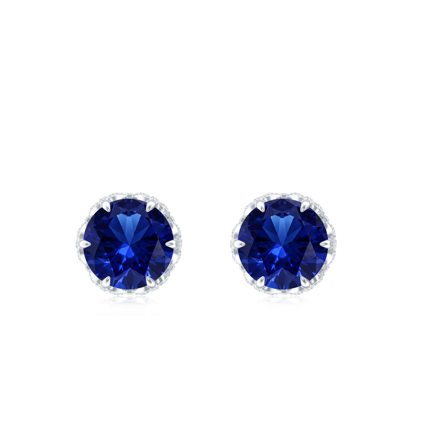 Solitaire Lab Created Blue Sapphire Stud Earrings with Diamonds