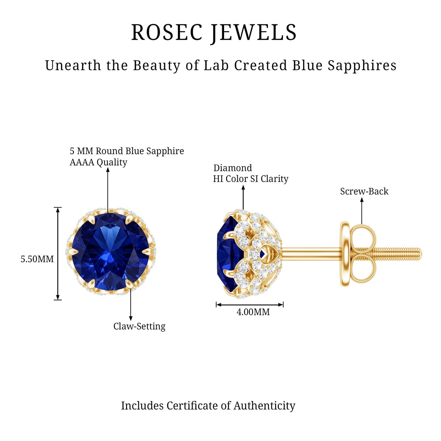 Solitaire Lab Created Blue Sapphire Stud Earrings with Diamonds