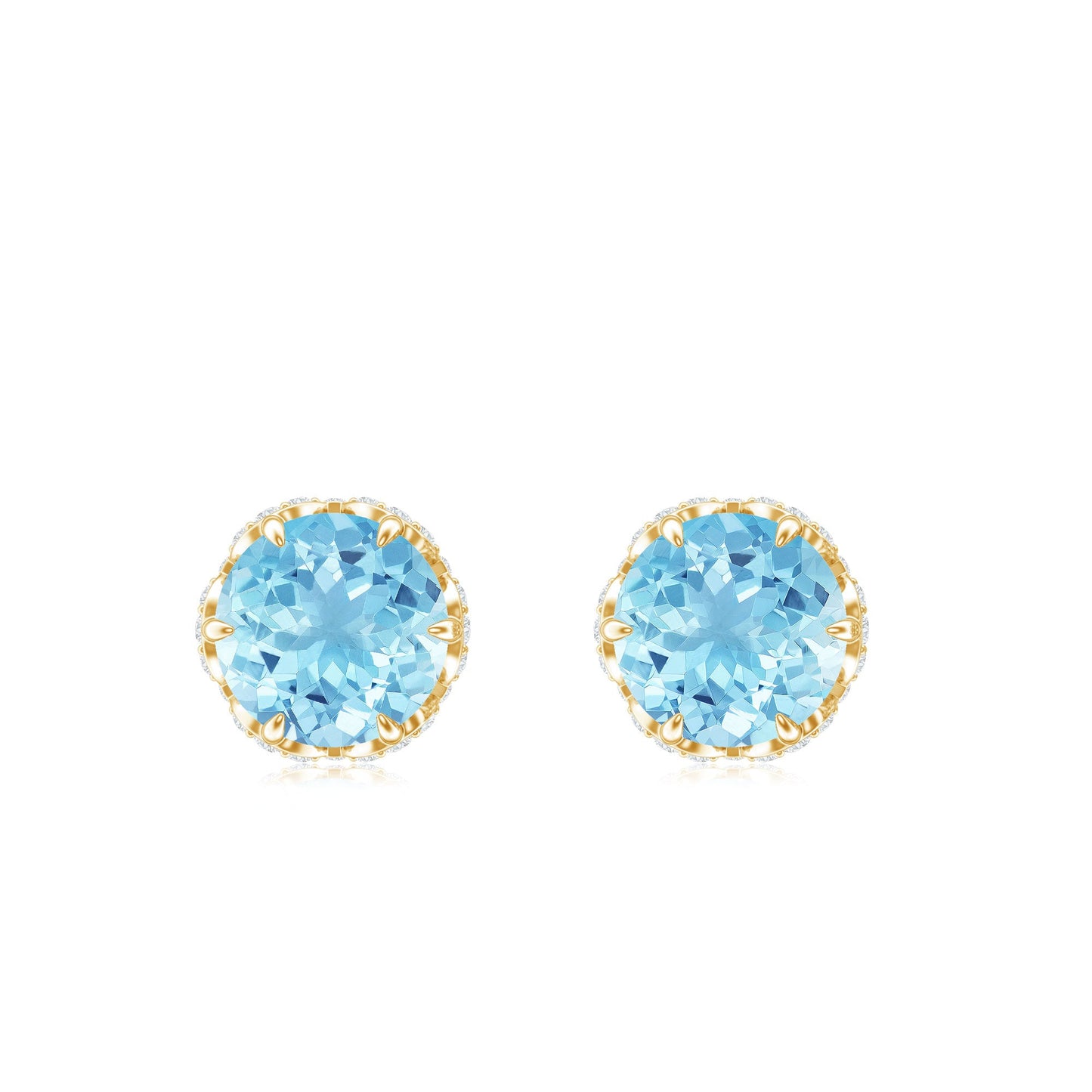 Natural Aquamarine Diamond Floral Stud Earrings with Screw Back