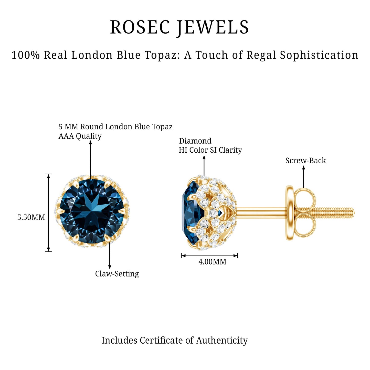 Designer London Blue Topaz Stud Earrings with Diamond