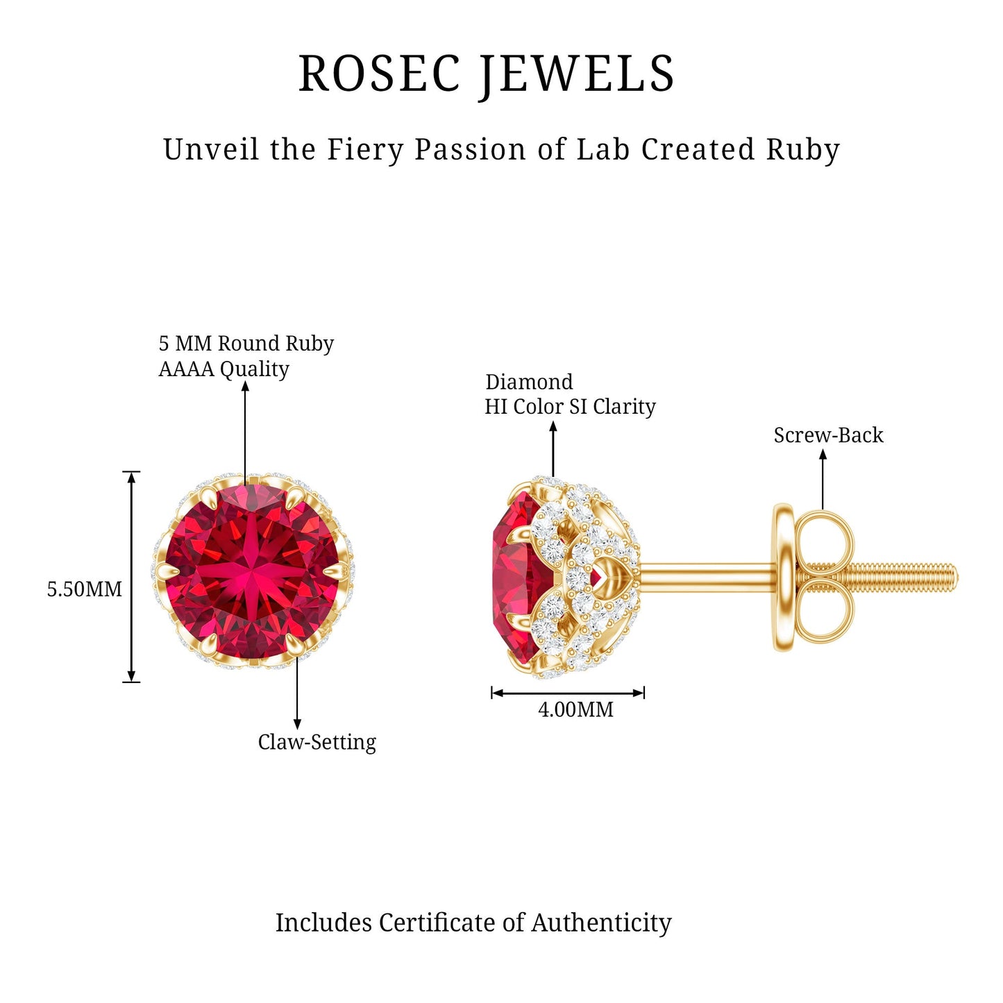 Certified Lab Grown Ruby Wedding Stud Earrings with Diamonds