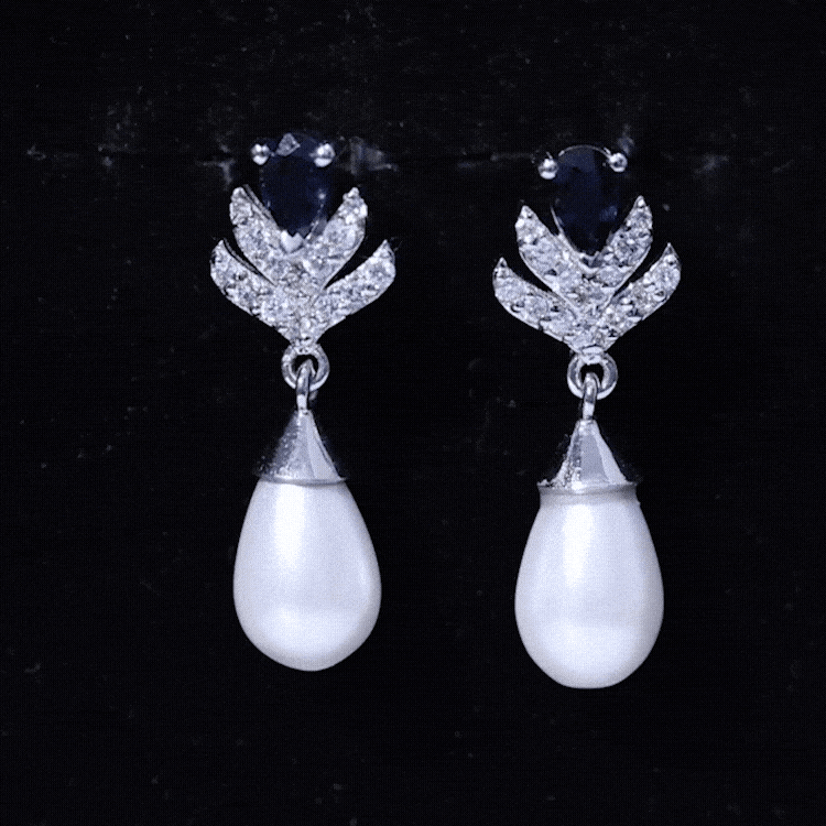 Freshwater Pearl and Blue Sapphire Teardrop Earrings with Moissanite
