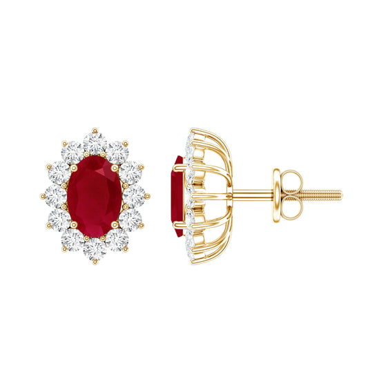 Natural 2 Carat Ruby Stud Earrings With Diamond Halo