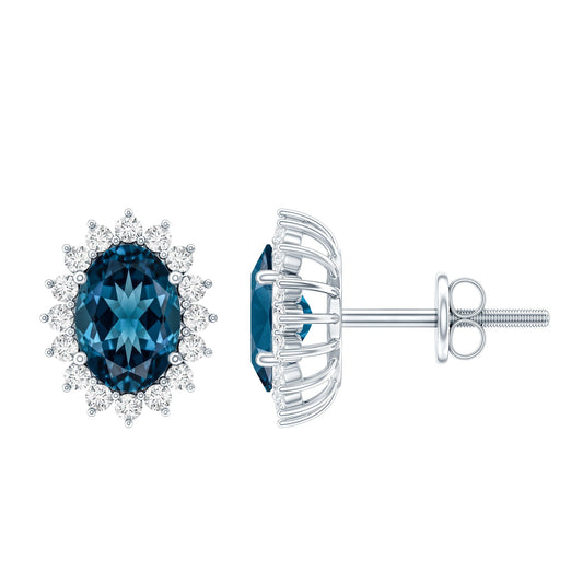 1.6 Carat Oval London Blue Topaz Stud Earrings with Diamond Halo