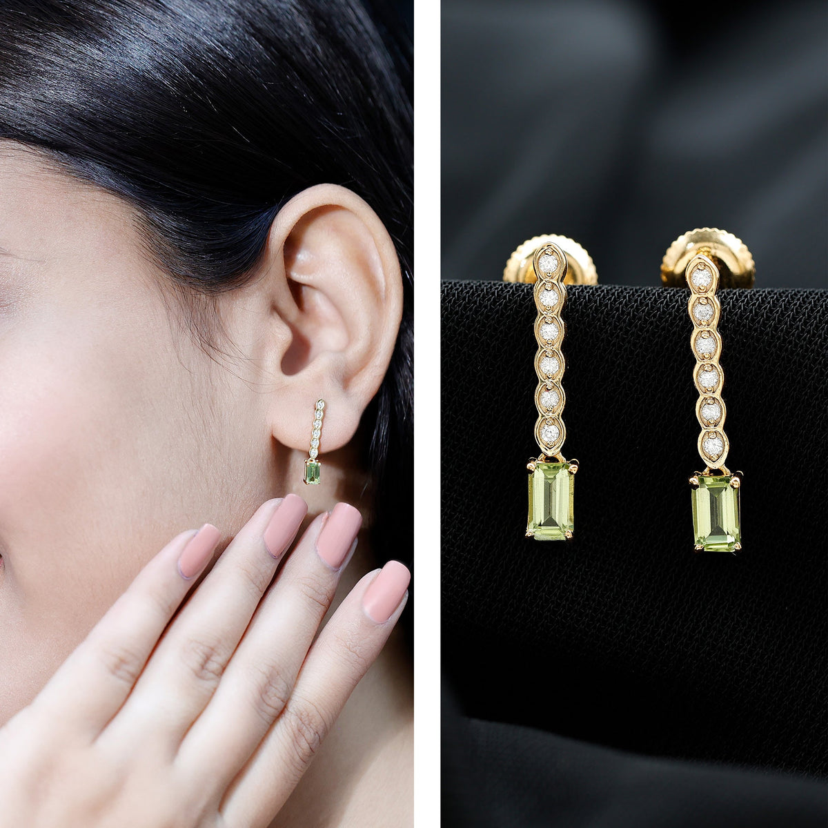 Certified Peridot and Diamond Drop Earrings in Gold Plated Silver