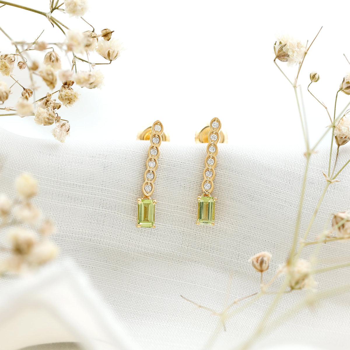 Certified Peridot and Diamond Drop Earrings in Gold Plated Silver