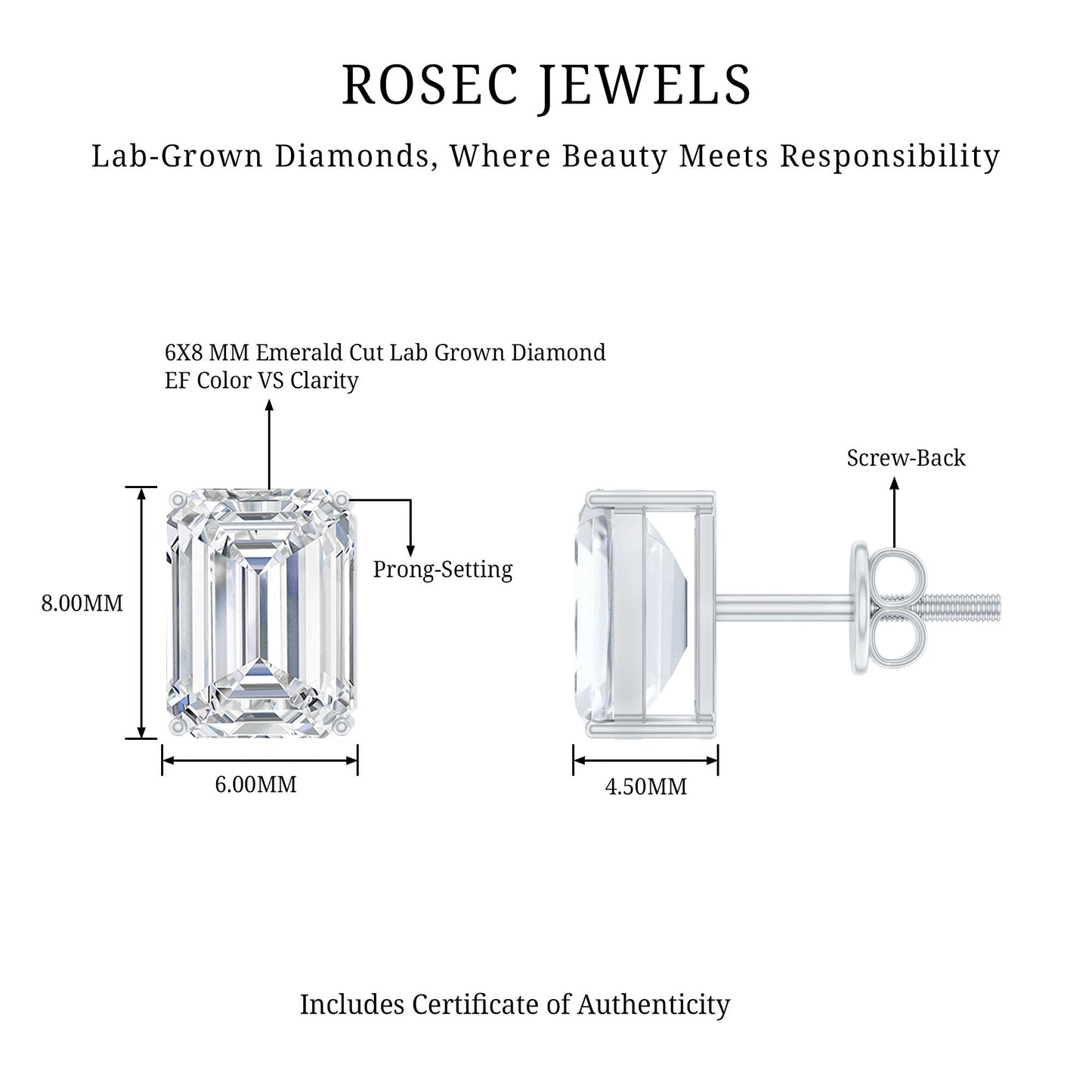 Emerald Cut Lab Created Diamond Stud Earrings