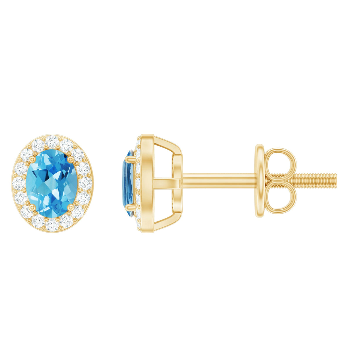 Natural Swiss Blue Topaz Stud Earrings with Diamond Halo