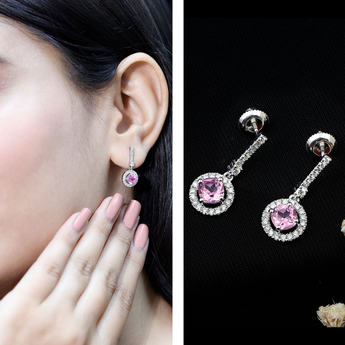 Lab Grown Pink Sapphire and Diamond Bridal Earrings in Silver
