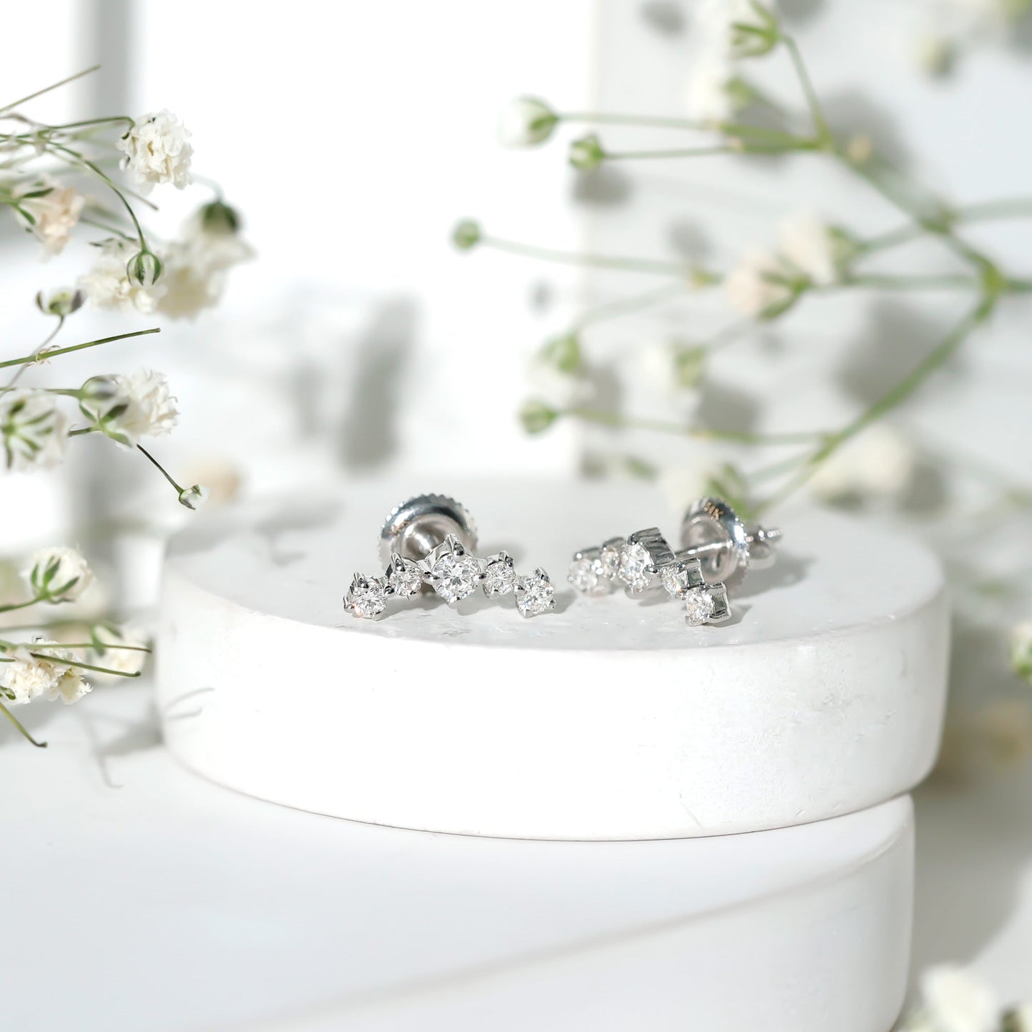 Round Diamond Curved Crawler Stud Earrings with Screw Backs