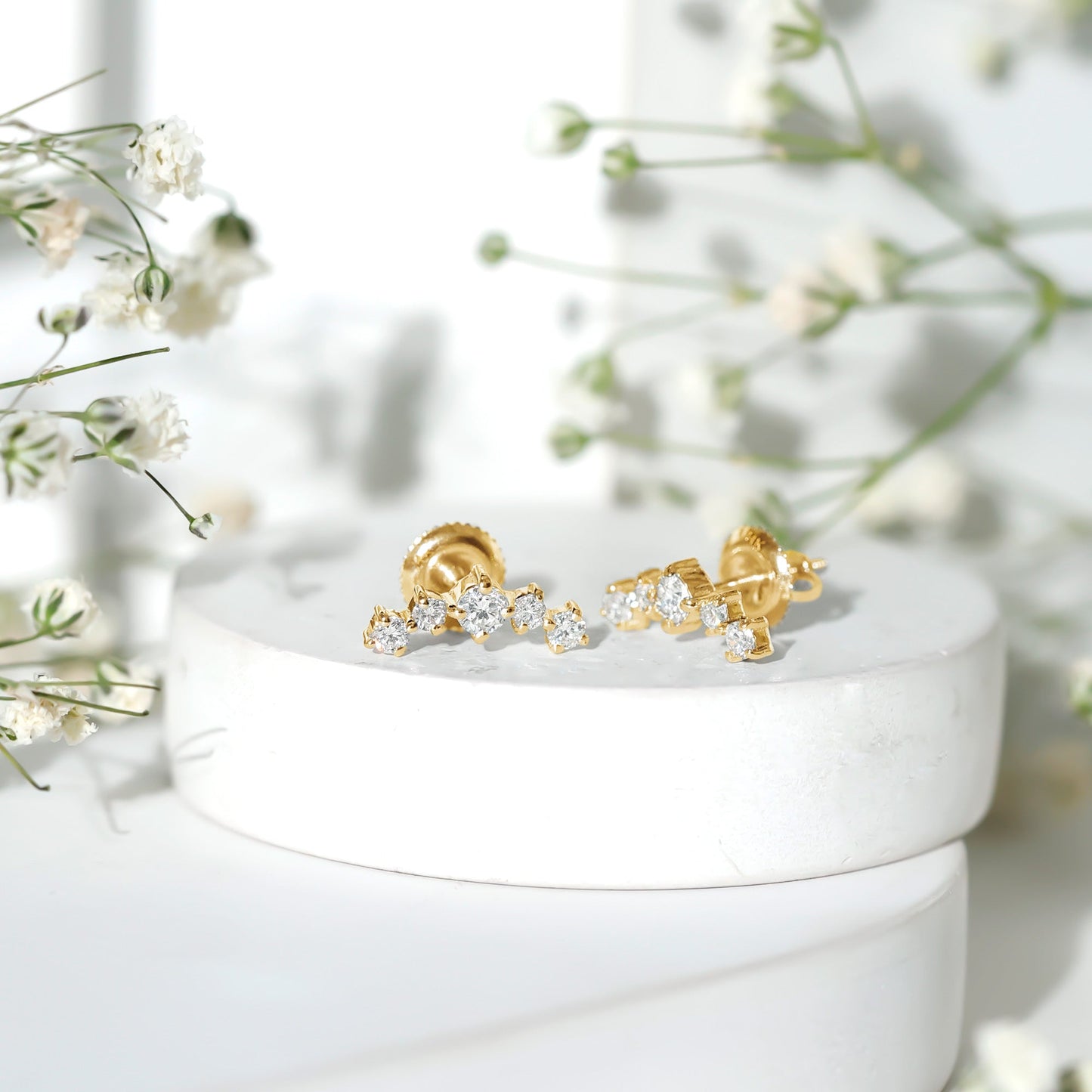 Round Diamond Curved Crawler Stud Earrings with Screw Backs