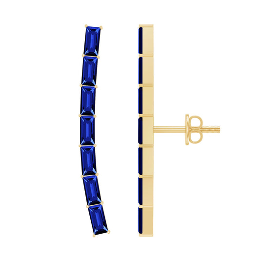 Baguette Cut Lab Grown Blue Sapphire Climber Earrings