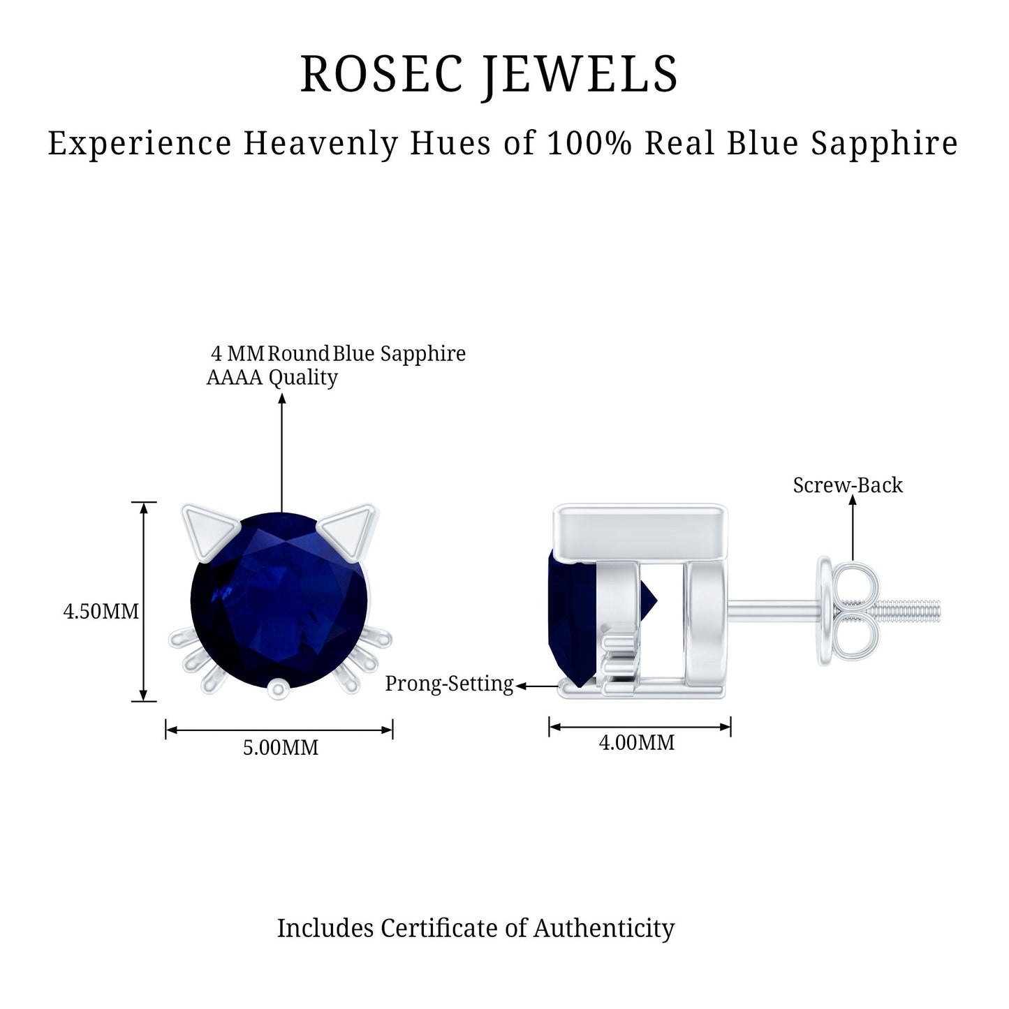 Natural 0.8 Carat Blue Sapphire Hello Kitty earrings for Women