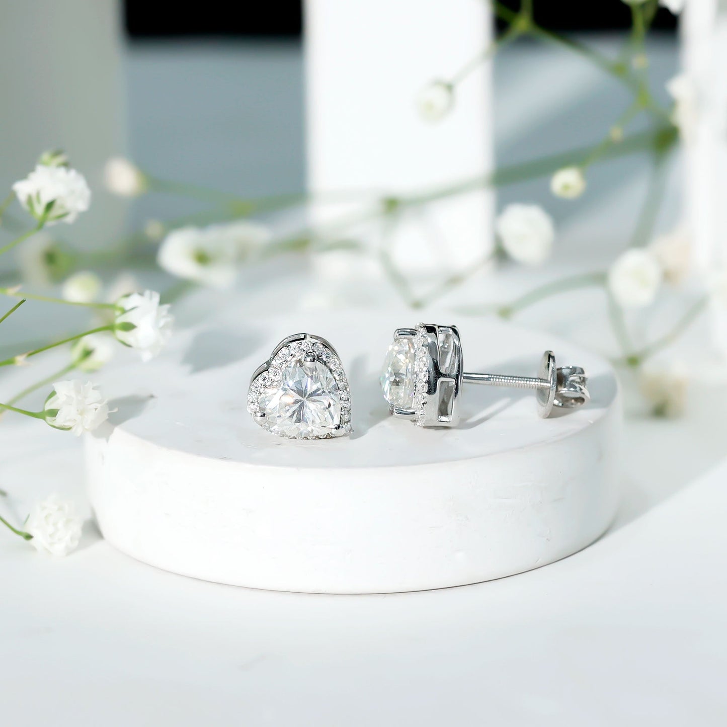 Certified 3 Carat Heart Moissanite Halo Stud Earrings