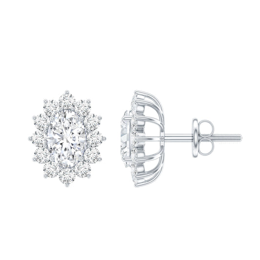 Certified Oval Shaped Moissanite Halo Stud Earrings in Silver